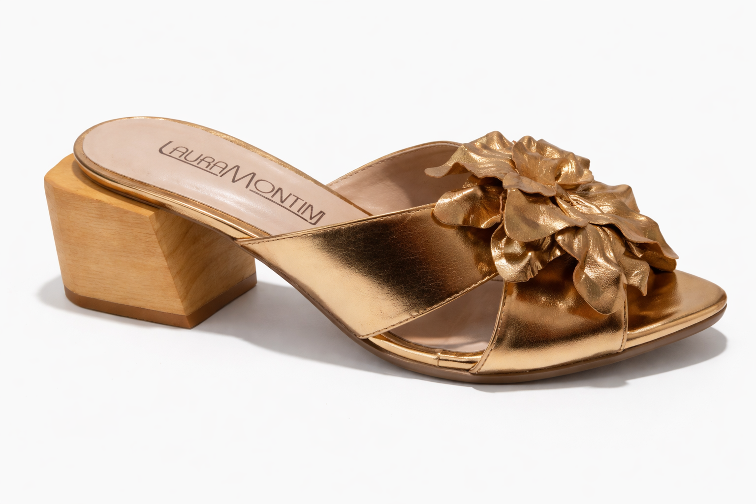 Tamanco Dourado com Flor Aplicada e Salto Bloco 450.5247