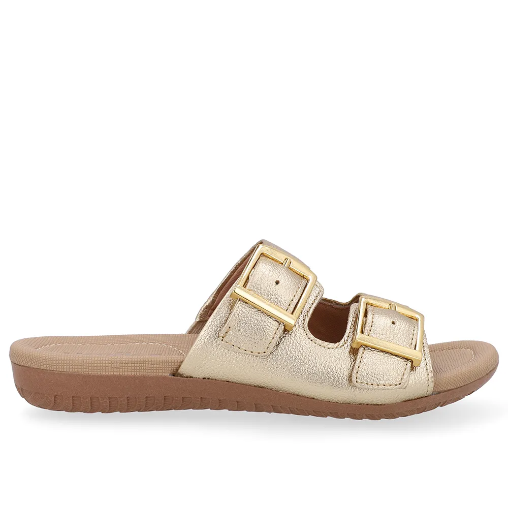 Tamanco Slide Dourado Couro Detalhe Fivela