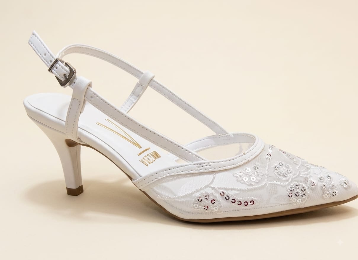 Slingback Feminino Branco com Renda Floral e Salto Fino 1185.1463