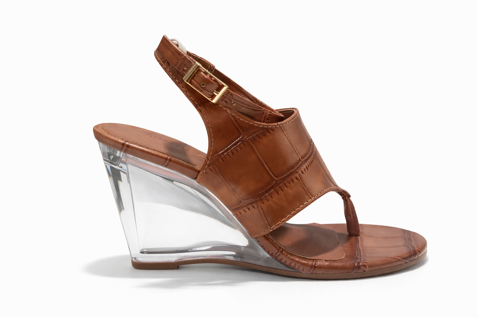 Sandália Anabela Marrom com Salto Transparente e Fivela