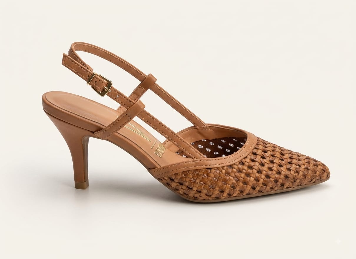  Slingback Feminino Trançado Caramelo com Salto Médio e Bico Fino 1185.1161