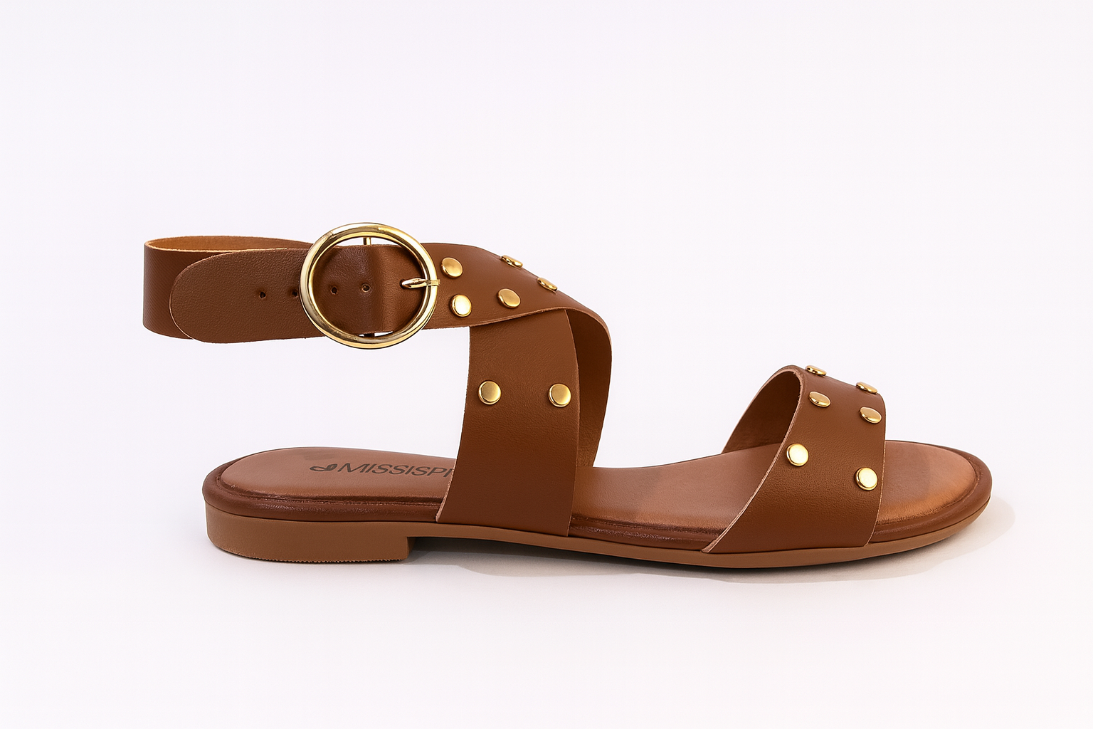 Sandália Feminina Mississipi Caramelo com Tachas e Fivela Dourada