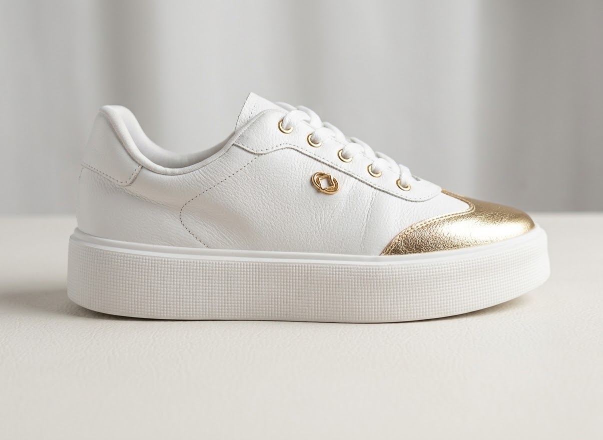 Tênis Feminino Casual Branco com Detalhes Dourados – Elegância e Estilo