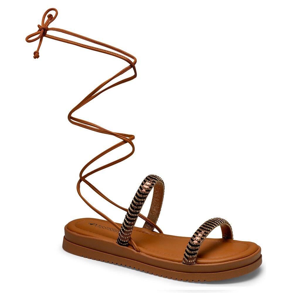 Sandália Rasteira de Amarrar Caramelo com Detalhes Brilhantes MF 441