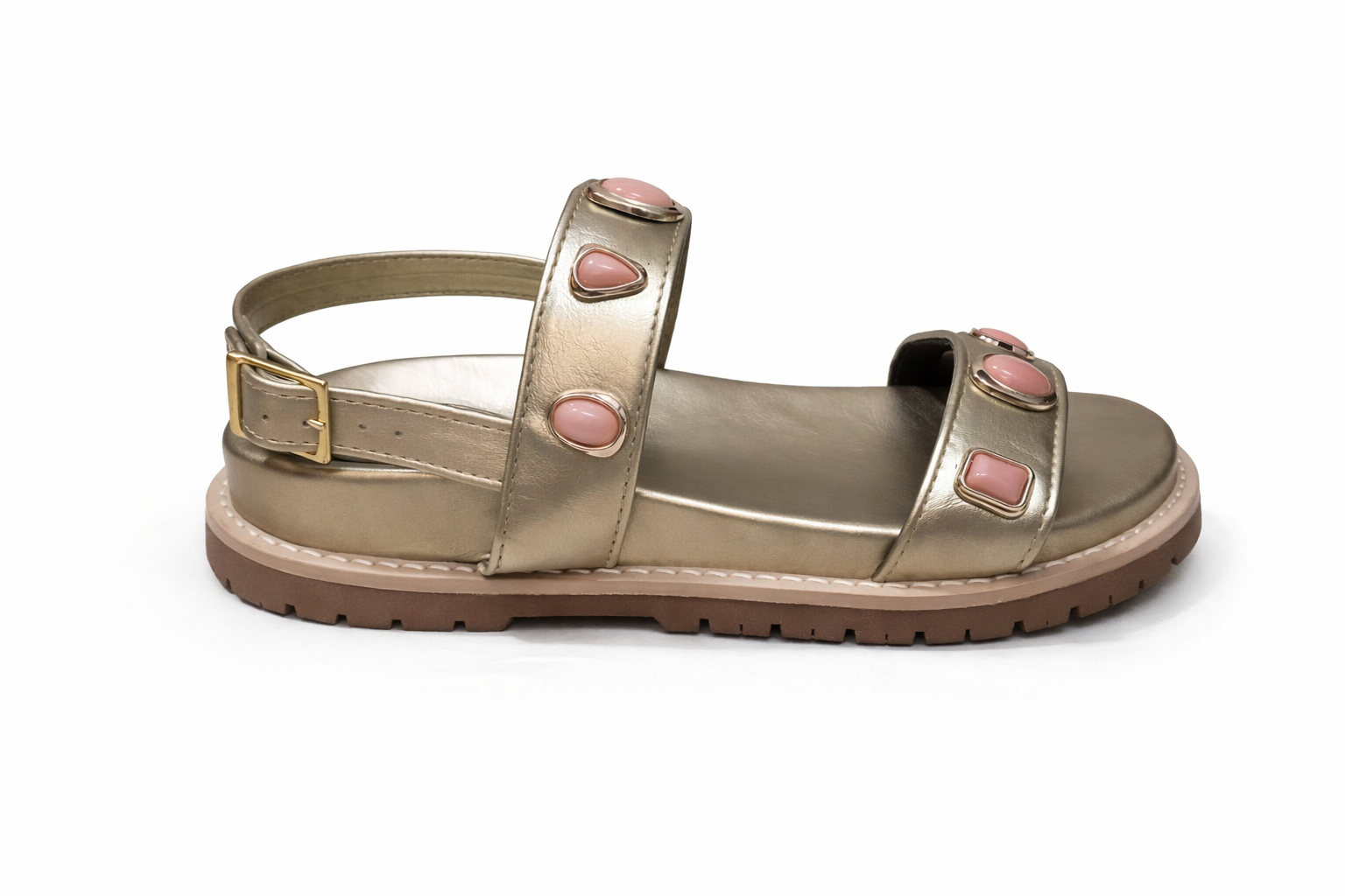 Sandália metálica dourada com pedras rosas  VZ171